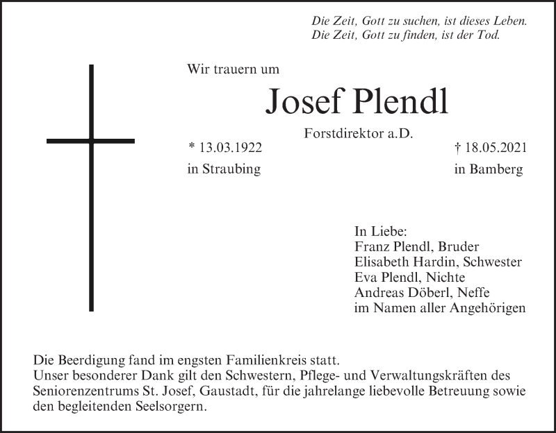  Traueranzeige für Josef Plendl vom 29.05.2021 aus MGO