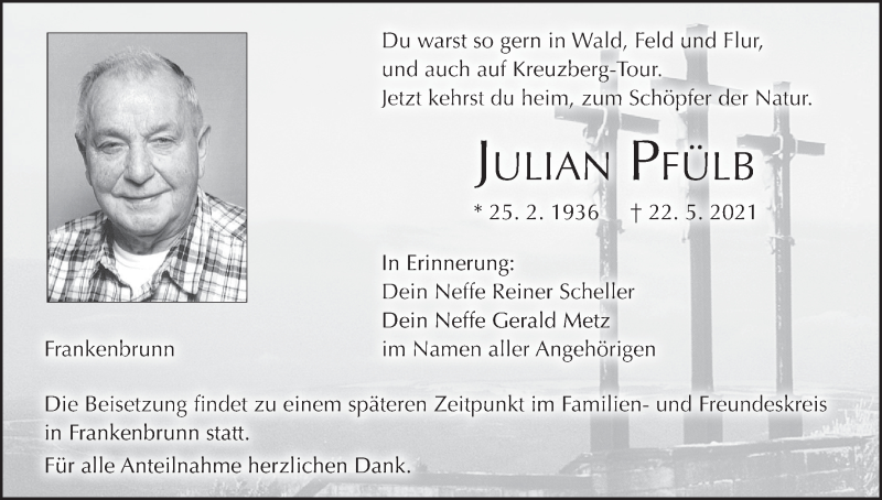  Traueranzeige für Julian Pfülb vom 29.05.2021 aus MGO