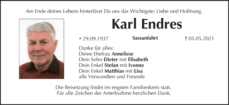  Traueranzeige für Karl Endres vom 15.05.2021 aus MGO