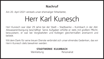 Anzeige von Karl Kunesch von MGO