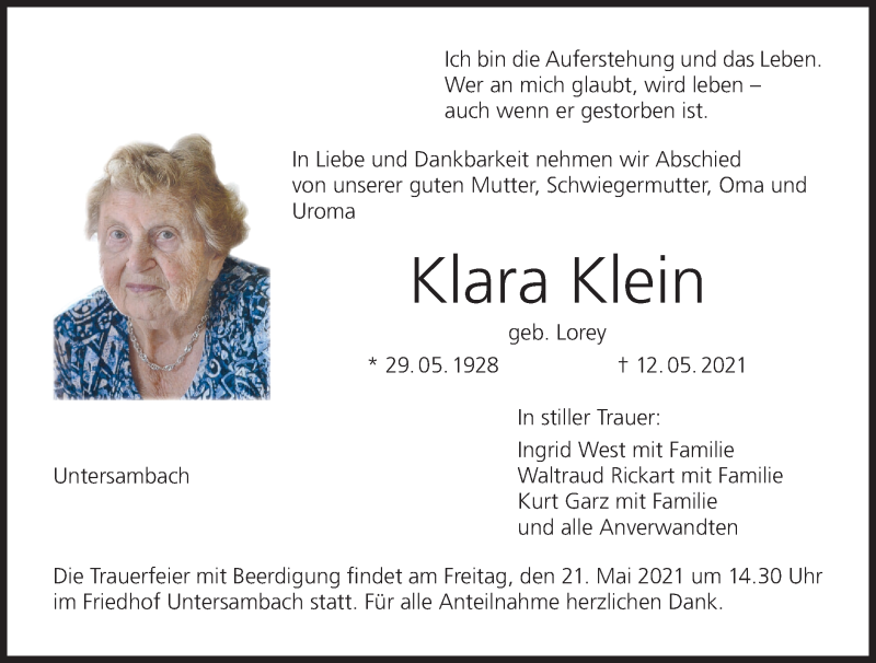  Traueranzeige für Klara Klein vom 19.05.2021 aus MGO