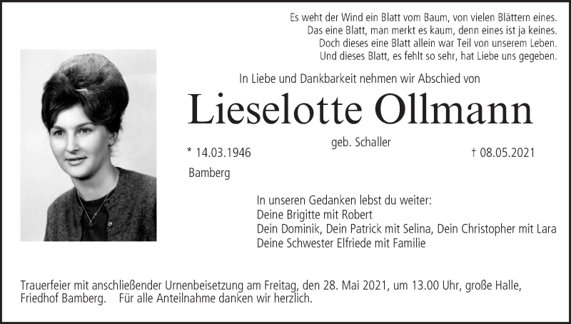  Traueranzeige für Lieselotte Ollmann vom 22.05.2021 aus MGO