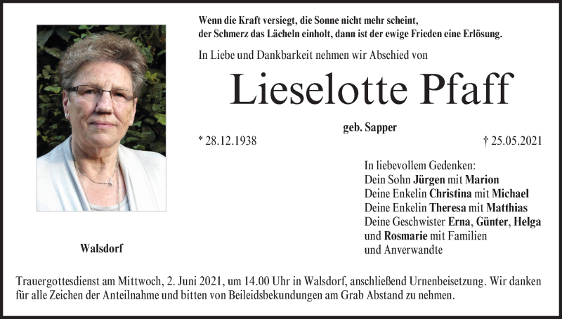  Traueranzeige für Lieselotte Pfaff vom 29.05.2021 aus MGO