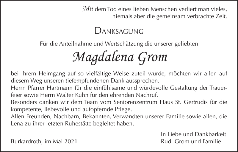  Traueranzeige für Magdalena Grom vom 29.05.2021 aus MGO