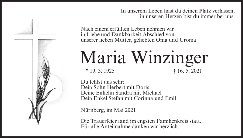 Traueranzeige für Maria Winzinger vom 22.05.2021 aus MGO