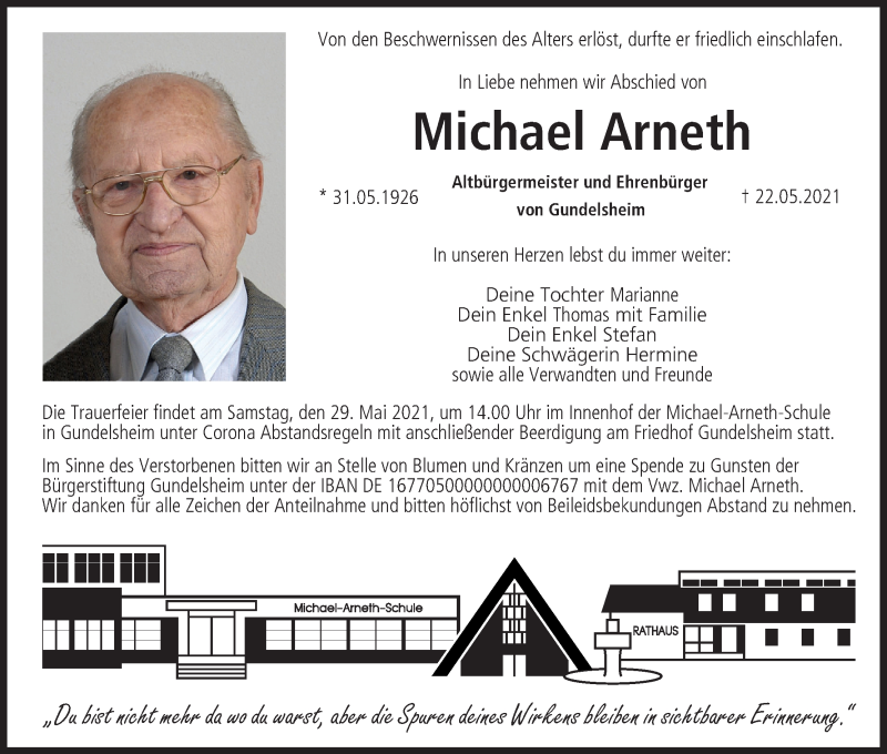  Traueranzeige für Michael Arneth vom 26.05.2021 aus MGO