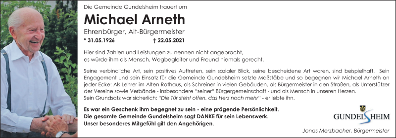  Traueranzeige für Michael Arneth vom 26.05.2021 aus MGO