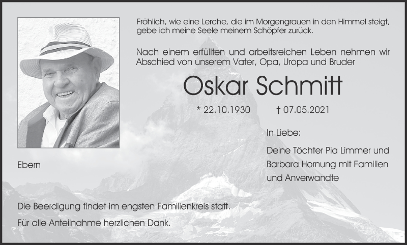  Traueranzeige für Oskar Schmitt vom 11.05.2021 aus MGO