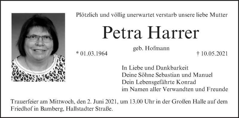  Traueranzeige für Petra Harrer vom 29.05.2021 aus MGO