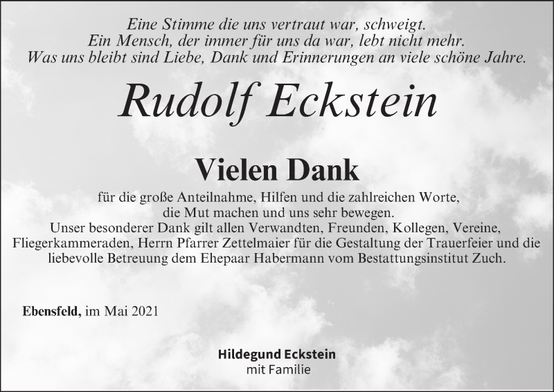  Traueranzeige für Rudolf Eckstein vom 22.05.2021 aus MGO