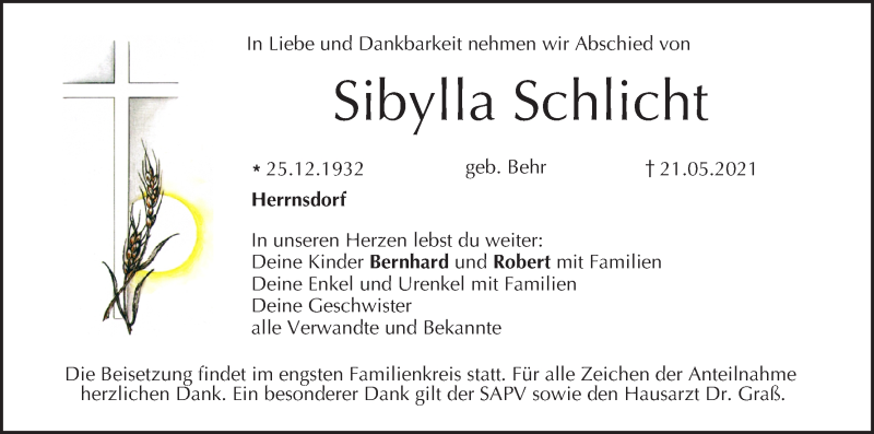  Traueranzeige für Sibylla Schlicht vom 29.05.2021 aus MGO