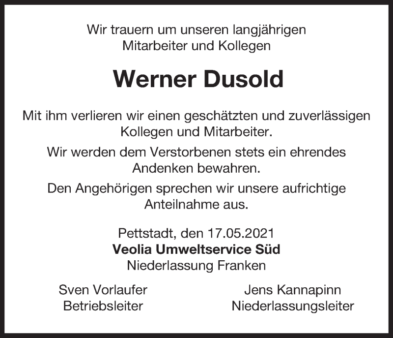  Traueranzeige für Werner Dusold vom 25.05.2021 aus MGO
