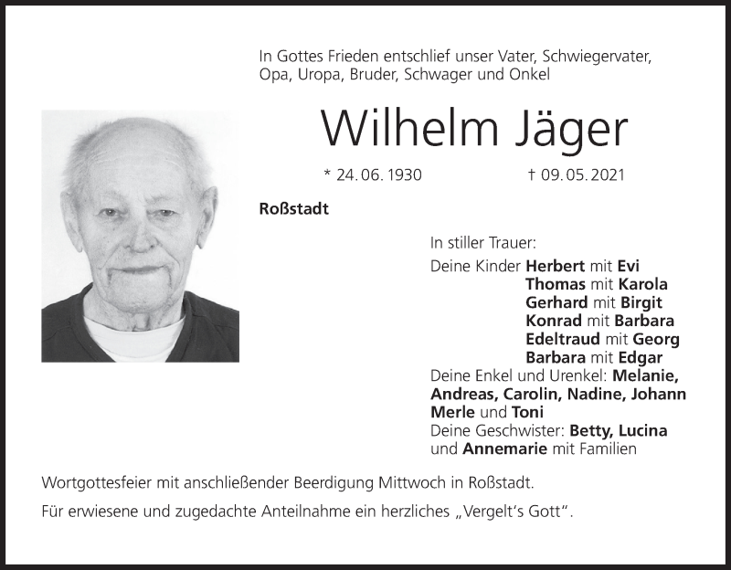  Traueranzeige für Wilhelm Jäger vom 11.05.2021 aus MGO