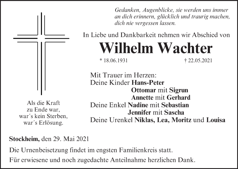  Traueranzeige für Wilhelm Wachter vom 29.05.2021 aus MGO