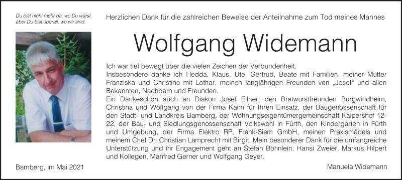  Traueranzeige für Wolfgang Widemann vom 15.05.2021 aus MGO