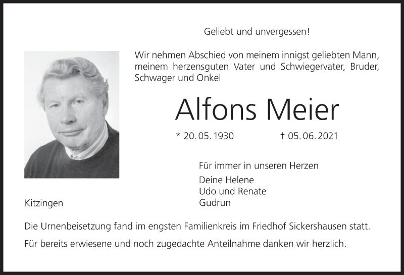  Traueranzeige für Alfons Meier vom 26.06.2021 aus MGO