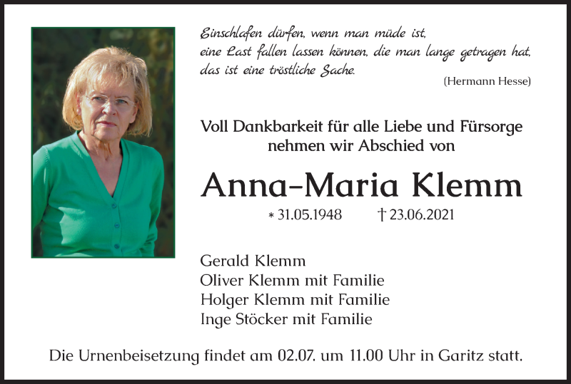  Traueranzeige für Anna-Maria Klemm vom 26.06.2021 aus MGO