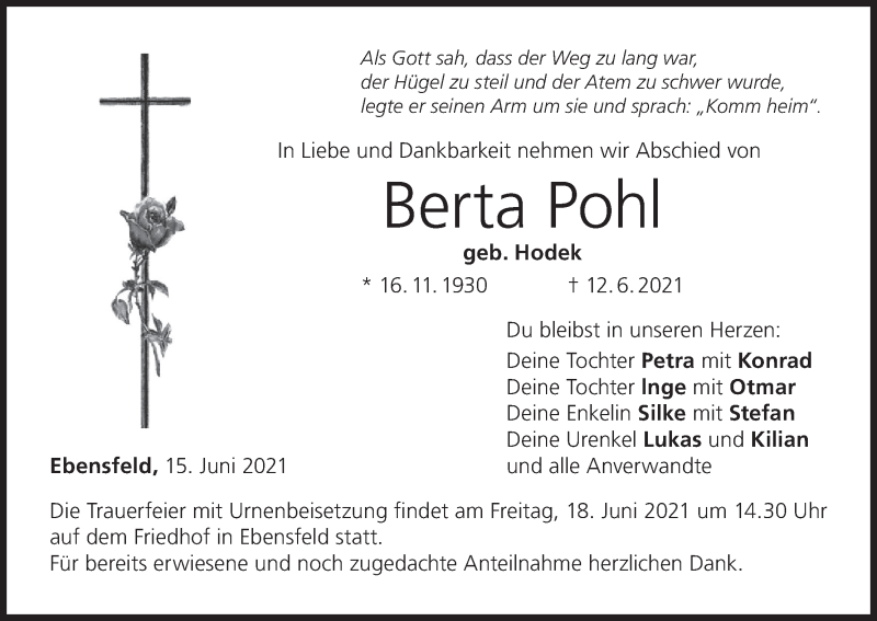  Traueranzeige für Berta Pohl vom 15.06.2021 aus MGO