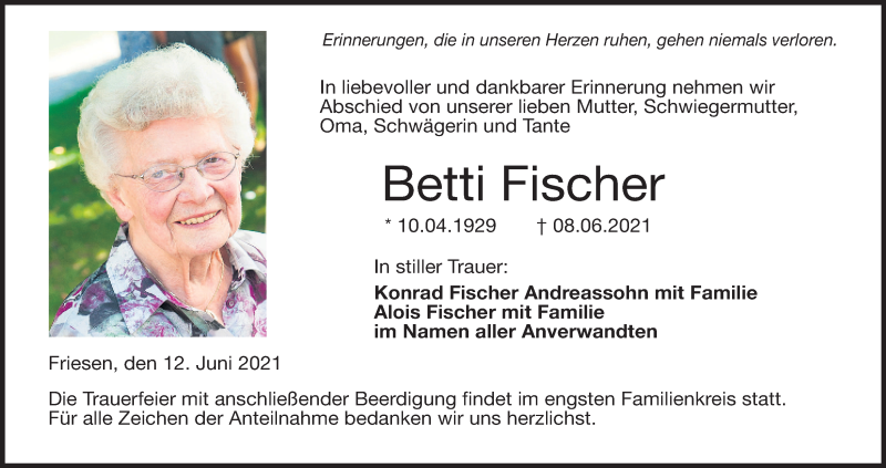 Traueranzeige für Betti Fischer vom 12.06.2021 aus MGO