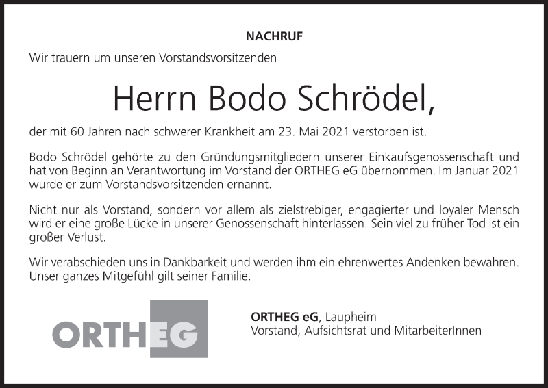  Traueranzeige für Bodo Schrödel vom 05.06.2021 aus MGO