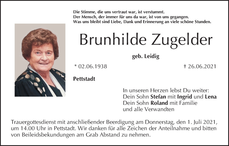  Traueranzeige für Brunhilde Zugelder vom 29.06.2021 aus MGO