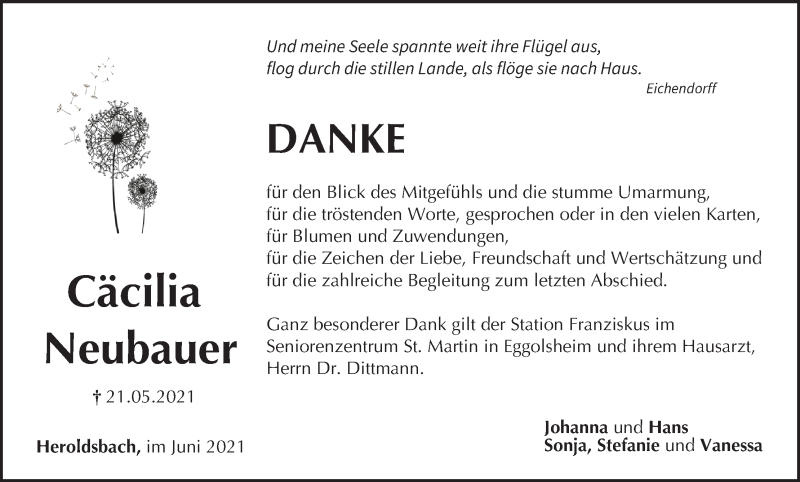  Traueranzeige für Cäcilia Neubauer vom 19.06.2021 aus MGO