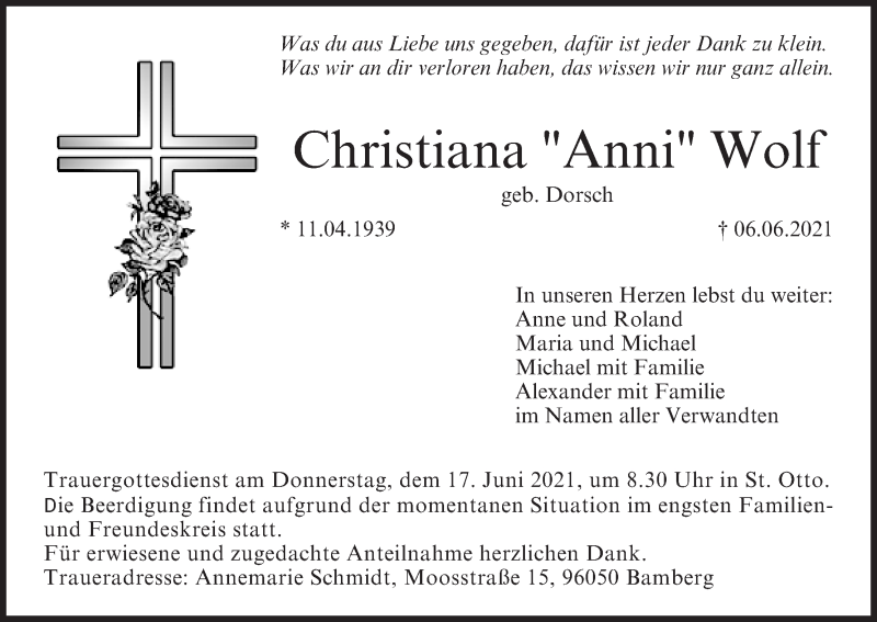  Traueranzeige für Christiana Wolf vom 12.06.2021 aus MGO