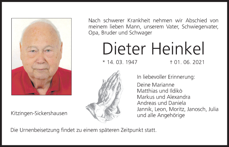  Traueranzeige für Dieter Heinkel vom 05.06.2021 aus MGO