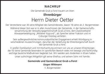 Anzeige von Dieter Oetter von MGO