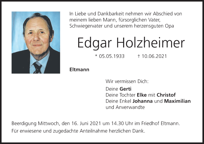  Traueranzeige für Edgar Holzheimer vom 14.06.2021 aus MGO