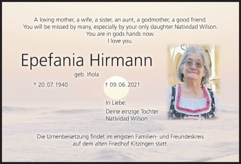 Anzeige von Epefania Hirmann von MGO