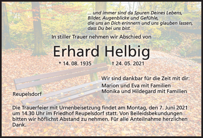  Traueranzeige für Erhard Helbig vom 05.06.2021 aus MGO