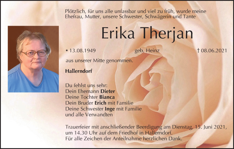  Traueranzeige für Erika Therjan vom 12.06.2021 aus MGO