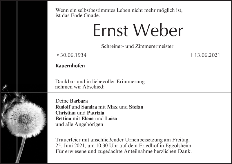  Traueranzeige für Ernst Weber vom 19.06.2021 aus MGO