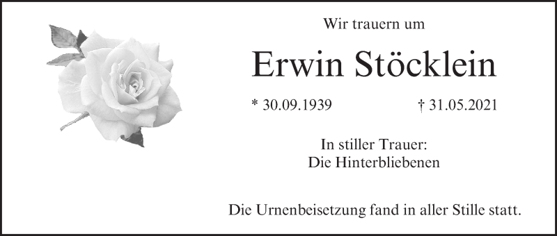  Traueranzeige für Erwin Stöcklein vom 26.06.2021 aus MGO