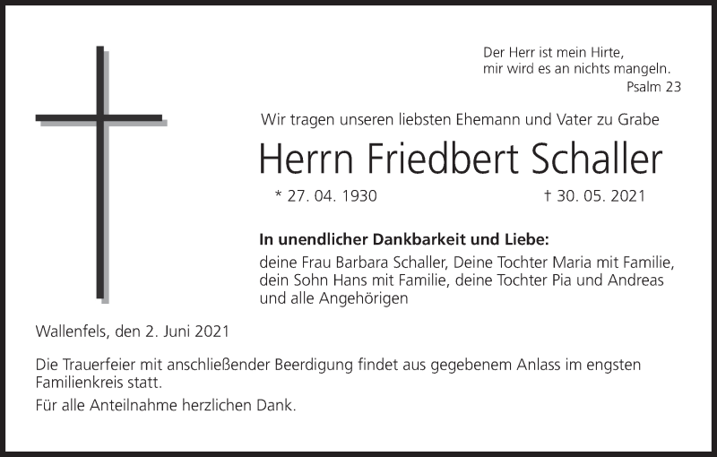 Traueranzeige für Friedbert Schaller vom 02.06.2021 aus MGO
