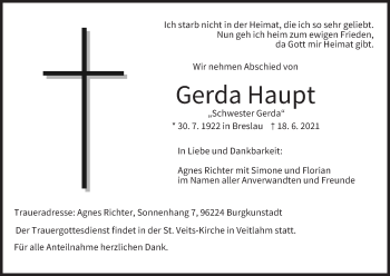 Anzeige von Gerda Haupt von MGO