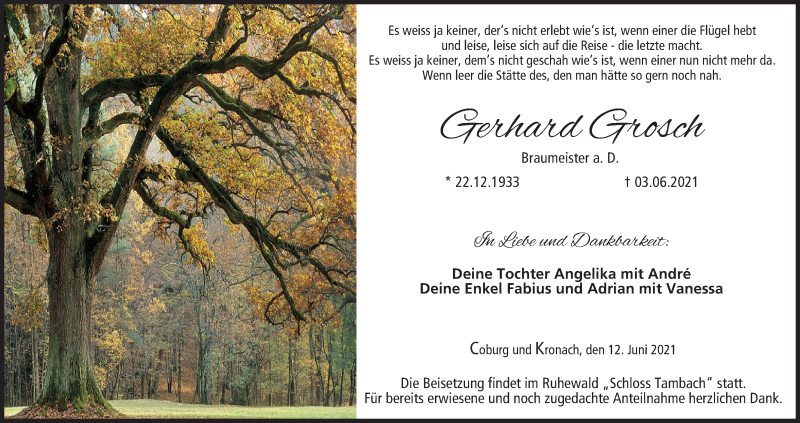  Traueranzeige für Gerhard Grosch vom 12.06.2021 aus MGO