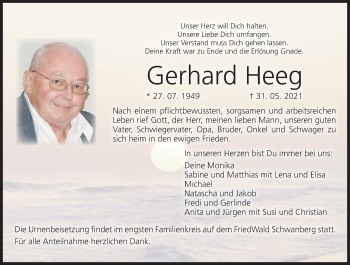 Anzeige von Gerhard Heeg von MGO