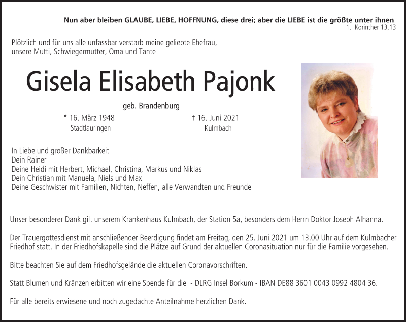  Traueranzeige für Gisela Elisabeth Pajonk vom 24.06.2021 aus MGO