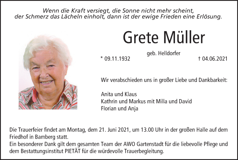  Traueranzeige für Grete Müller vom 19.06.2021 aus MGO