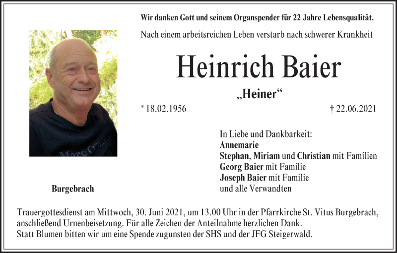 Traueranzeige für Heinrich Baier vom 26.06.2021 aus MGO