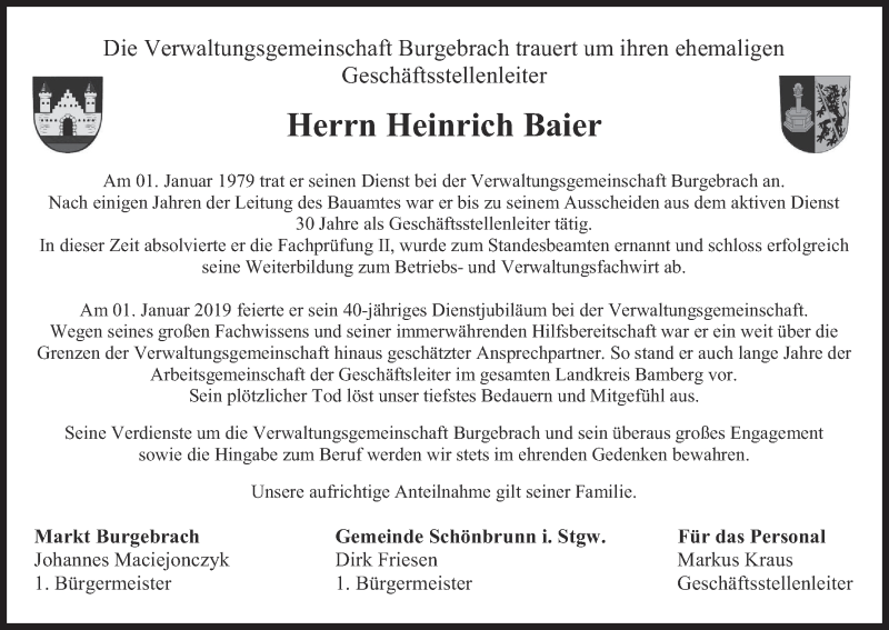  Traueranzeige für Heinrich Baier vom 26.06.2021 aus MGO