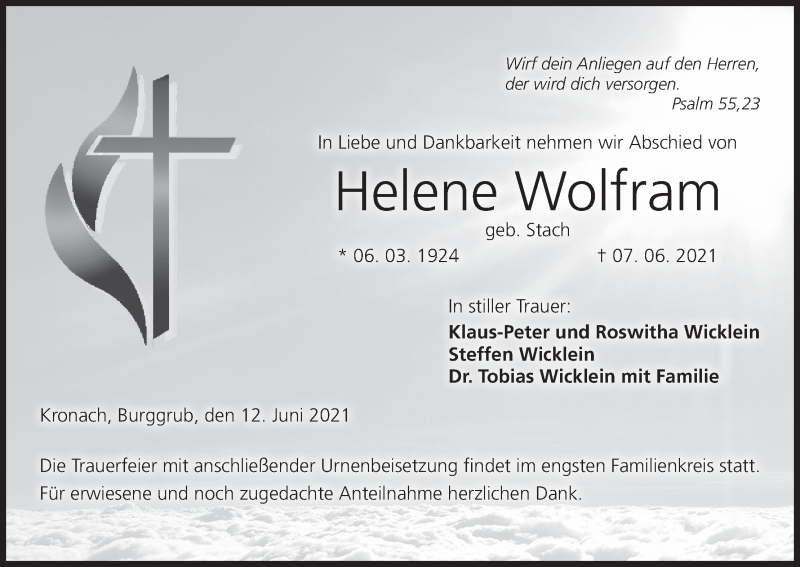  Traueranzeige für Helene Wolfram vom 12.06.2021 aus MGO