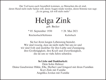 Anzeige von Helga Zink von MGO