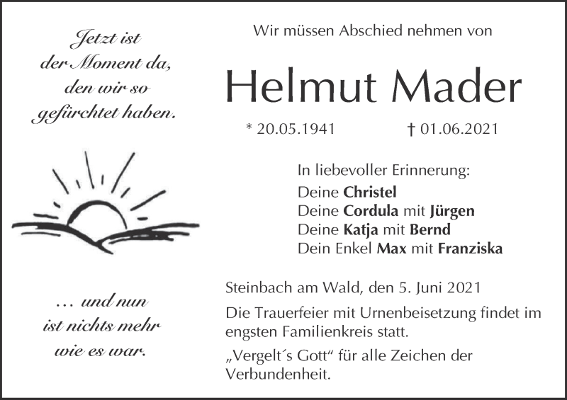  Traueranzeige für Helmut Mader vom 05.06.2021 aus MGO