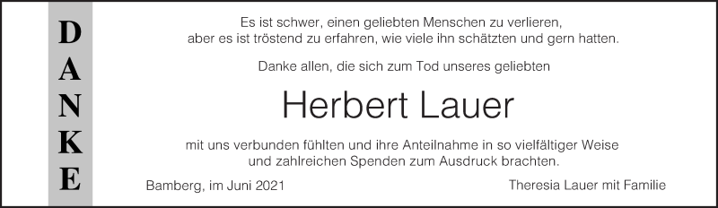  Traueranzeige für Herbert Lauer vom 26.06.2021 aus MGO