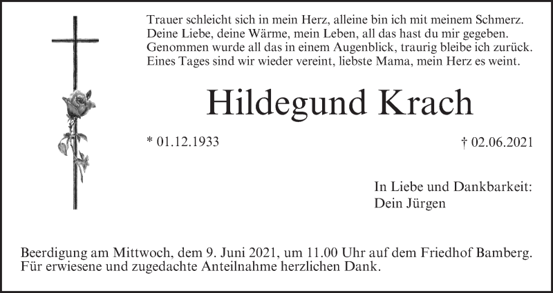  Traueranzeige für Hildegund Krach vom 05.06.2021 aus MGO