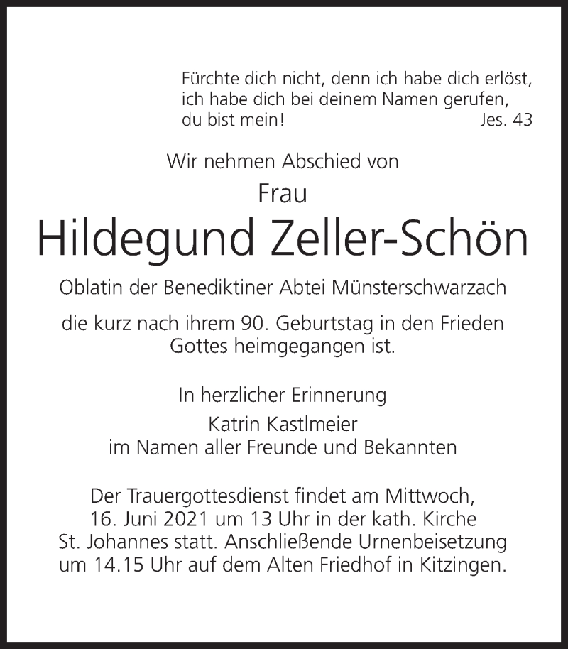  Traueranzeige für Hildegund Zeller-Schön vom 09.06.2021 aus MGO