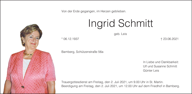  Traueranzeige für Ingrid Schmitt vom 26.06.2021 aus MGO